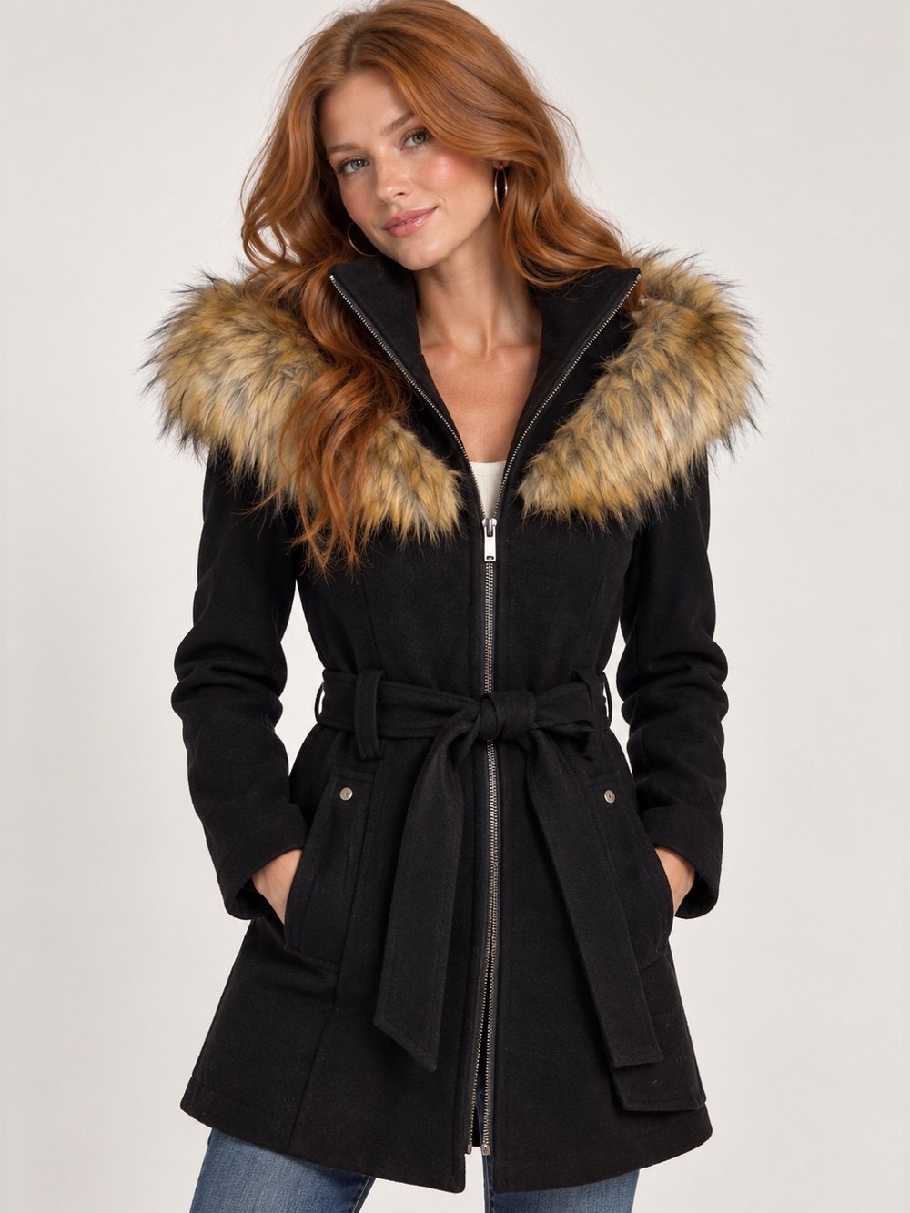 Rachel Roy wool black coat, faux fur hood, size Medium